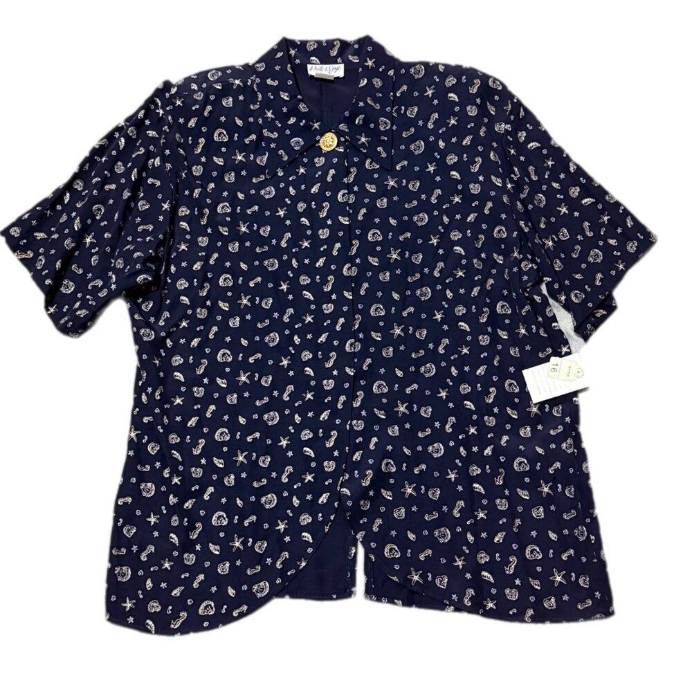 Pride & Joys op Womens 16P Navy Blouse Seahorse Shell Starfish Nautical 80s VTG